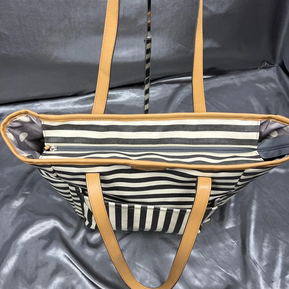 TWELVElittle Stripe Diaper Bag Tote Black White Tan Coated Canvas Large Carryall